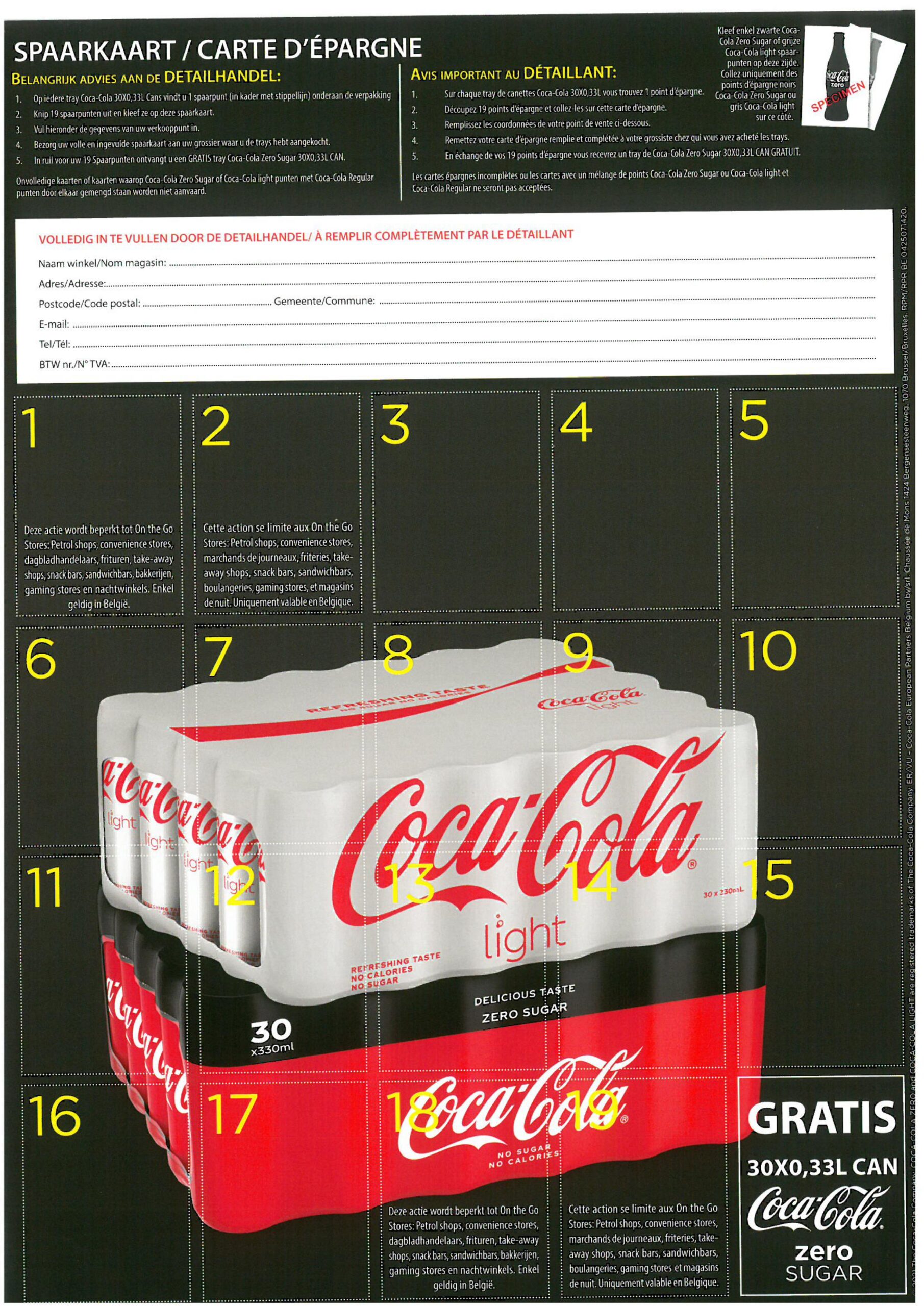 Spaarkaart Coca Cola Zero/light 30x33cl